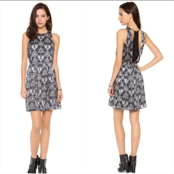 Rebecca Taylor Metallic Grey Kaleidescope Mini Dress Size 2 Navy Racerback Silk - Picture 1 of 8